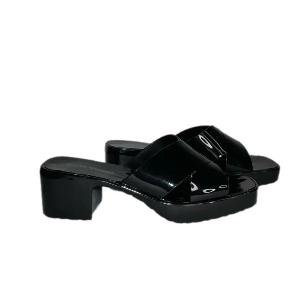 Steve Madden Patent Faux Leather Crisscross Black Platform Sandals Size 8